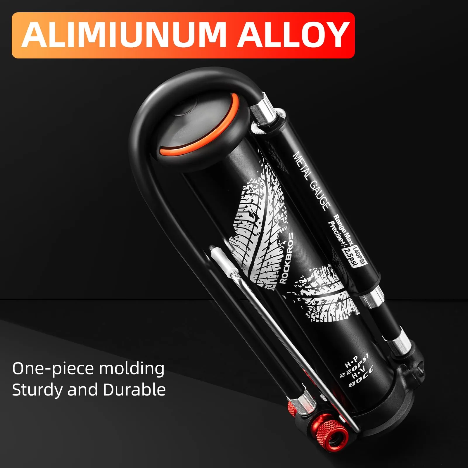 ROCKBROS Mini Bike Tire Pump Portable with Hidden Pressure Gauge Fits Valves 220PSI