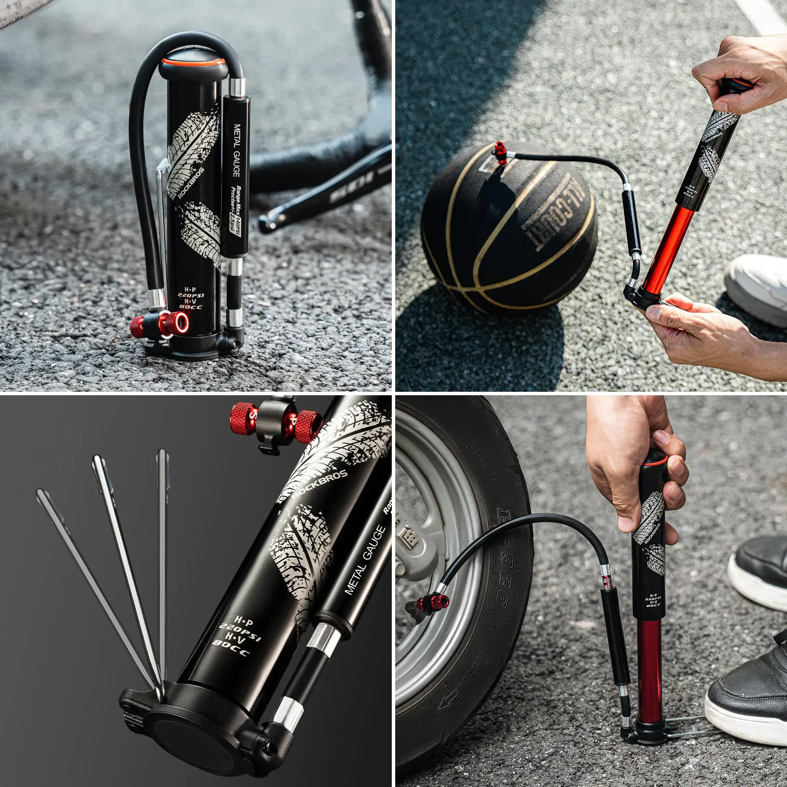 ROCKBROS Mini Bike Tire Pump Portable with Hidden Pressure Gauge Fits Valves 220PSI