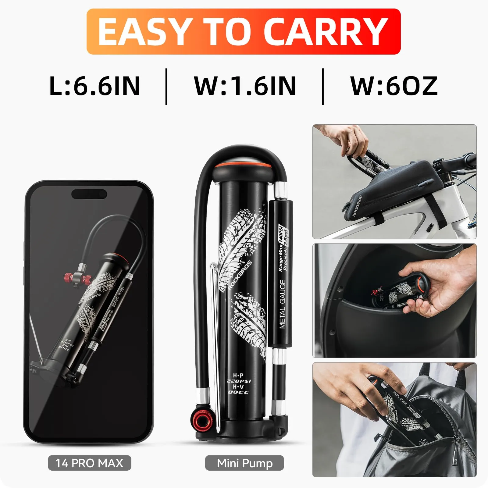 ROCKBROS Mini Bike Tire Pump Portable with Hidden Pressure Gauge Fits Valves 220PSI