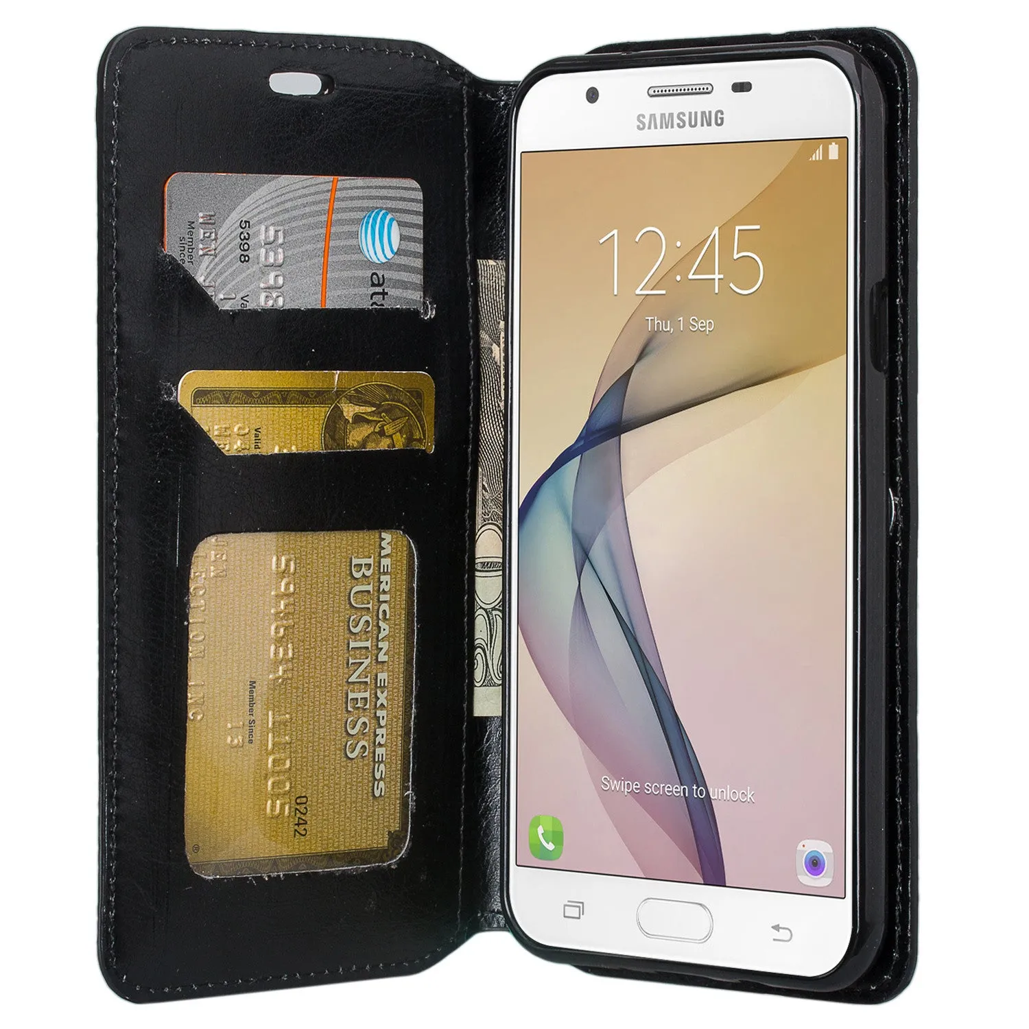 Samsung Galaxy J7 (2017) / J7 Sky Pro / J7 Perx / J7 V / J7 Prime / Galaxy Halo Case, Pu Leather Magnetic Flip[Kickstand] Wallet Cover with Card Slots - Black