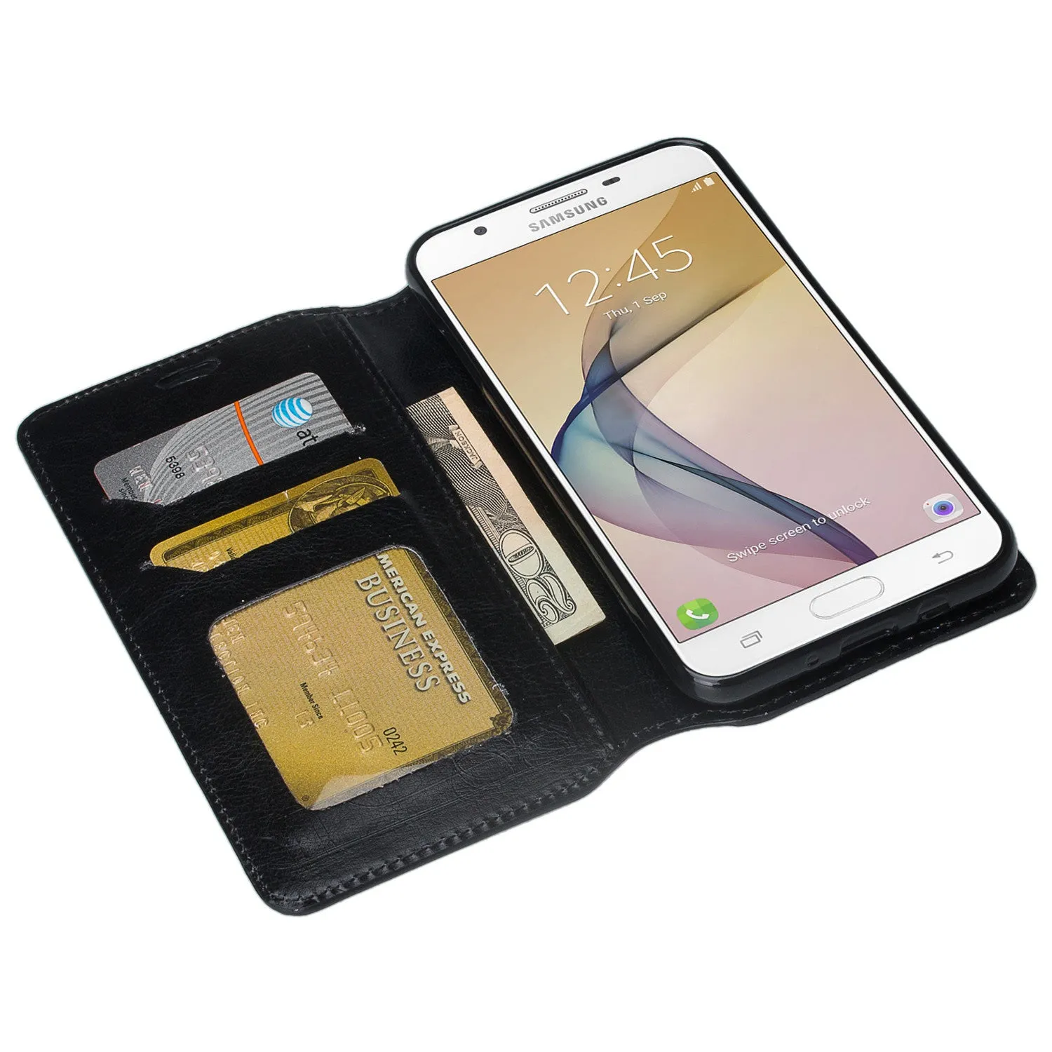 Samsung Galaxy J7 (2017) / J7 Sky Pro / J7 Perx / J7 V / J7 Prime / Galaxy Halo Case, Pu Leather Magnetic Flip[Kickstand] Wallet Cover with Card Slots - Black