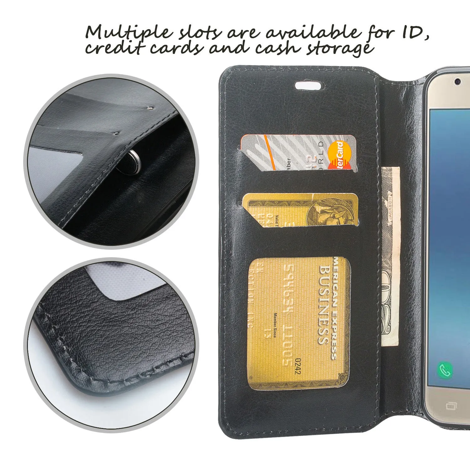 Samsung Galaxy J7 V 2nd Gen/J7 Crown/J7 Top/J7 2018/J7 Star/J7 Achieve/J7 Refine/J7 Aero/J7 Aura Case, Slim Flip Folio [Kickstand] Pu Leather Wallet Case with ID & Card Slots & Pocket - Black