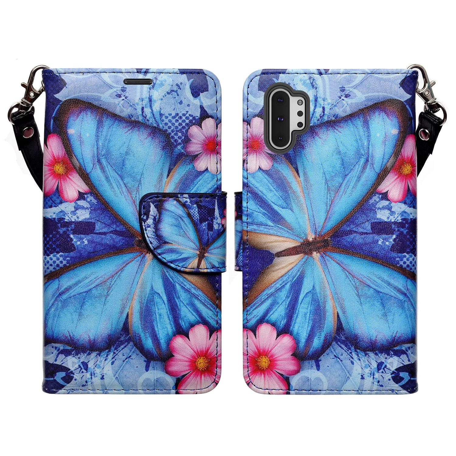 Samsung Galaxy Note 10 Case, Galaxy Note 10 Wallet Case, Wrist Strap Pu Leather Wallet Case [Kickstand] with ID & Credit Card Slots - Blue Butterfly