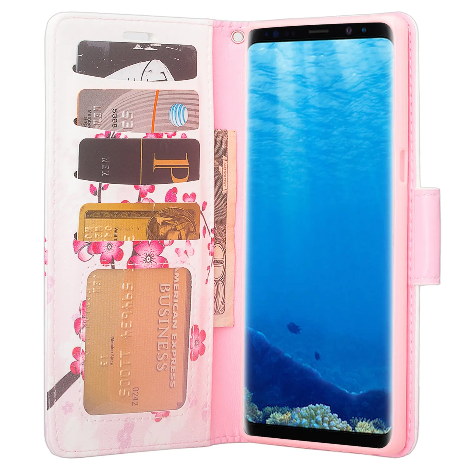 Samsung Galaxy Note 8 Case, Galaxy Note 8 Wallet Case, Slim Flip Folio [Kickstand] Pu Leather Wallet Case with ID & Card Slots & Pocket   Wrist Strap - Cherry Blossom