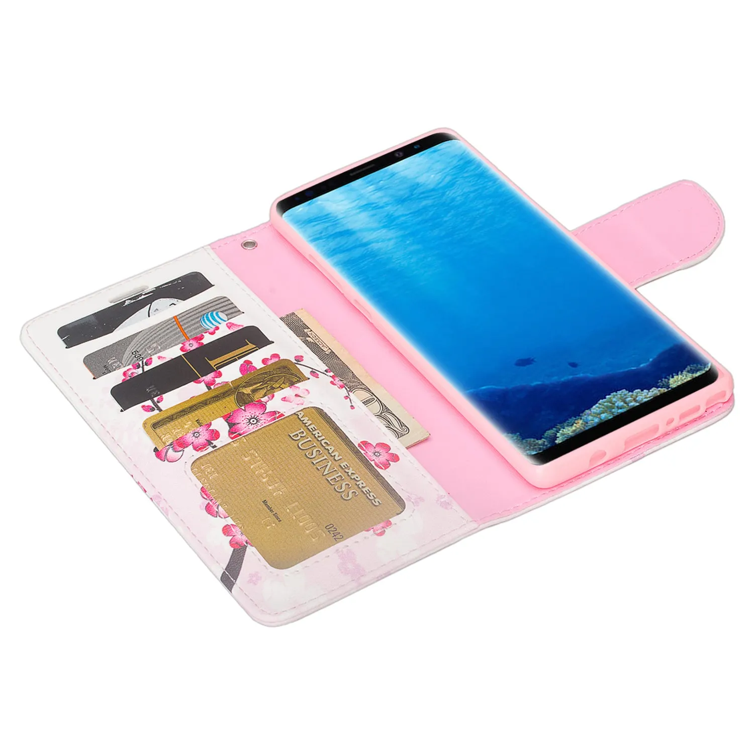 Samsung Galaxy Note 8 Case, Galaxy Note 8 Wallet Case, Slim Flip Folio [Kickstand] Pu Leather Wallet Case with ID & Card Slots & Pocket   Wrist Strap - Cherry Blossom