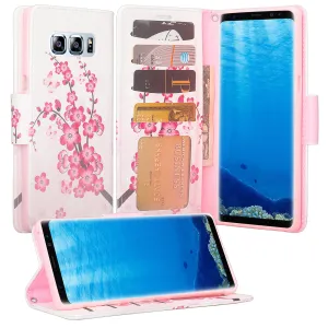 Samsung Galaxy Note 8 Case, Galaxy Note 8 Wallet Case, Slim Flip Folio [Kickstand] Pu Leather Wallet Case with ID & Card Slots & Pocket   Wrist Strap - Cherry Blossom