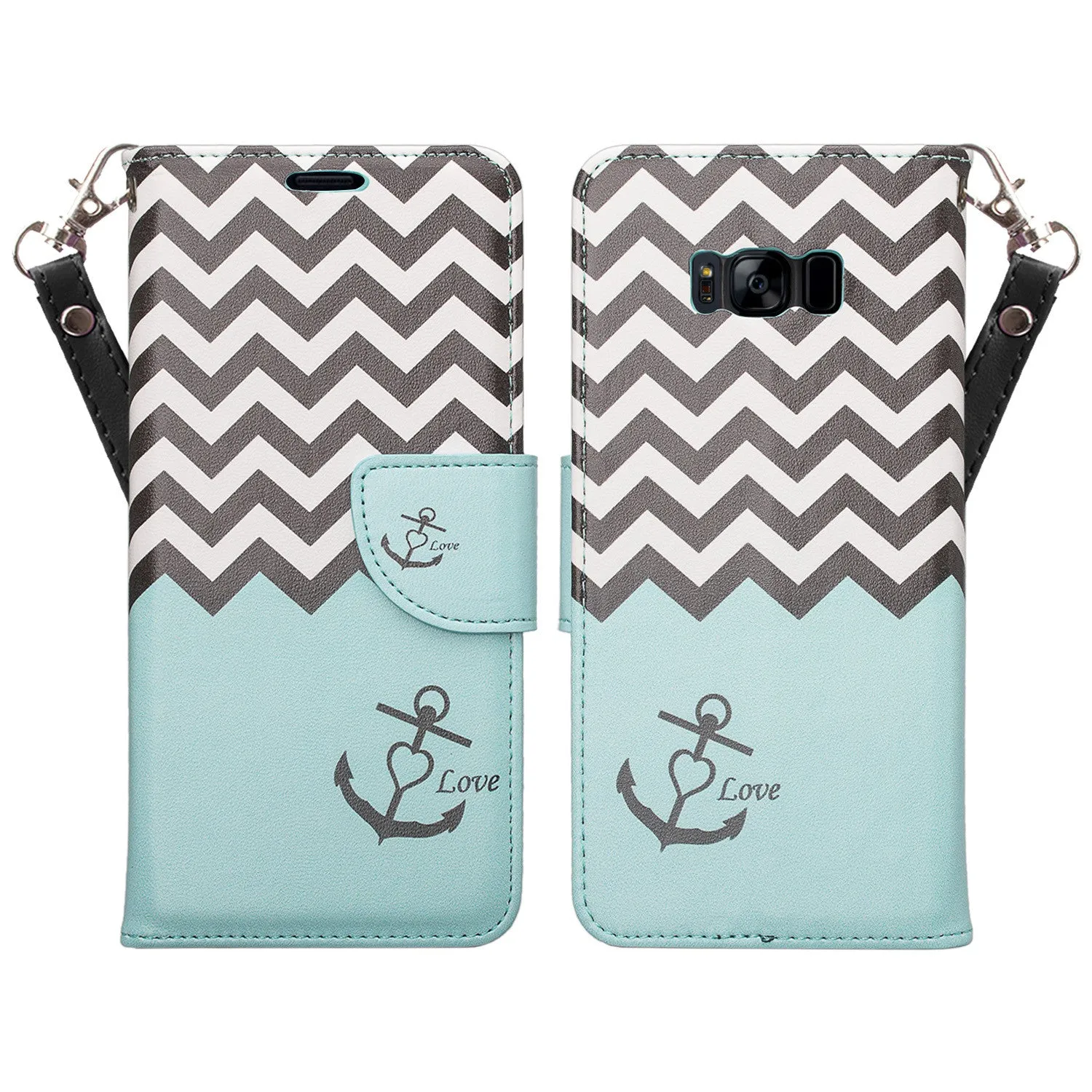 Samsung Galaxy S8 Plus Case, Wrist Strap Pu Leather Magnetic Fold[Kickstand] Wallet Case with ID & Credit Card Slots for Galaxy S8 Plus, SM-G955 - Teal Anchor