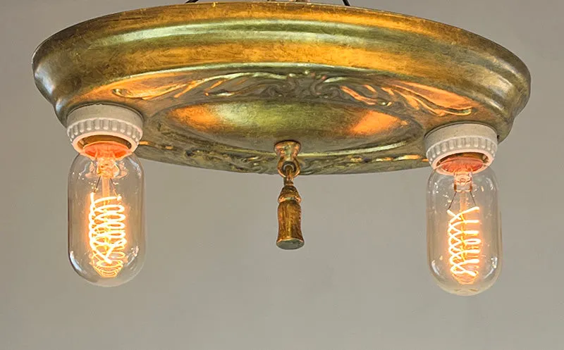 SET OF 3 AVAILABLE - Antique Circa 1910 Embossed Oval Flush Mount with Exposed Bulbs