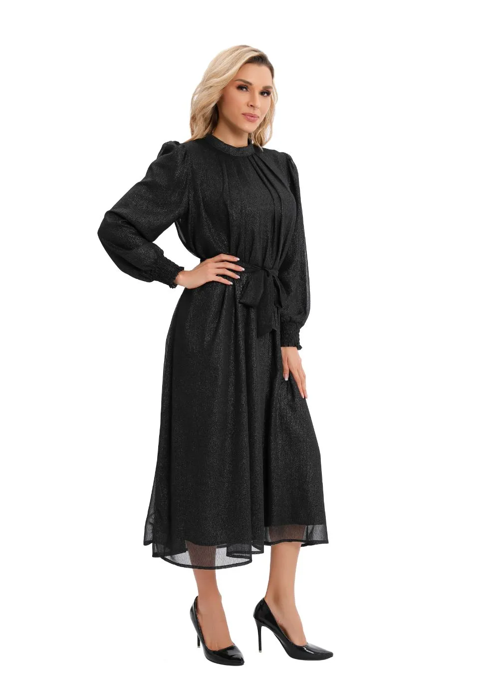 Shimmering Belted Chiffon Long Sleeve Midi Dress