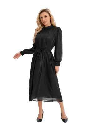Shimmering Belted Chiffon Long Sleeve Midi Dress