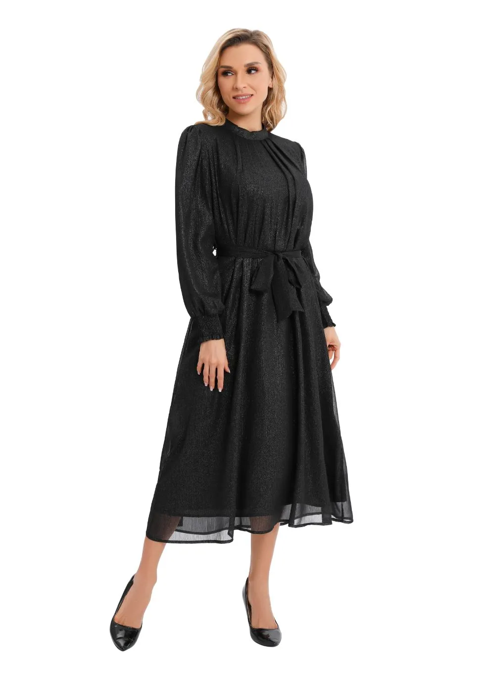 Shimmering Belted Chiffon Long Sleeve Midi Dress