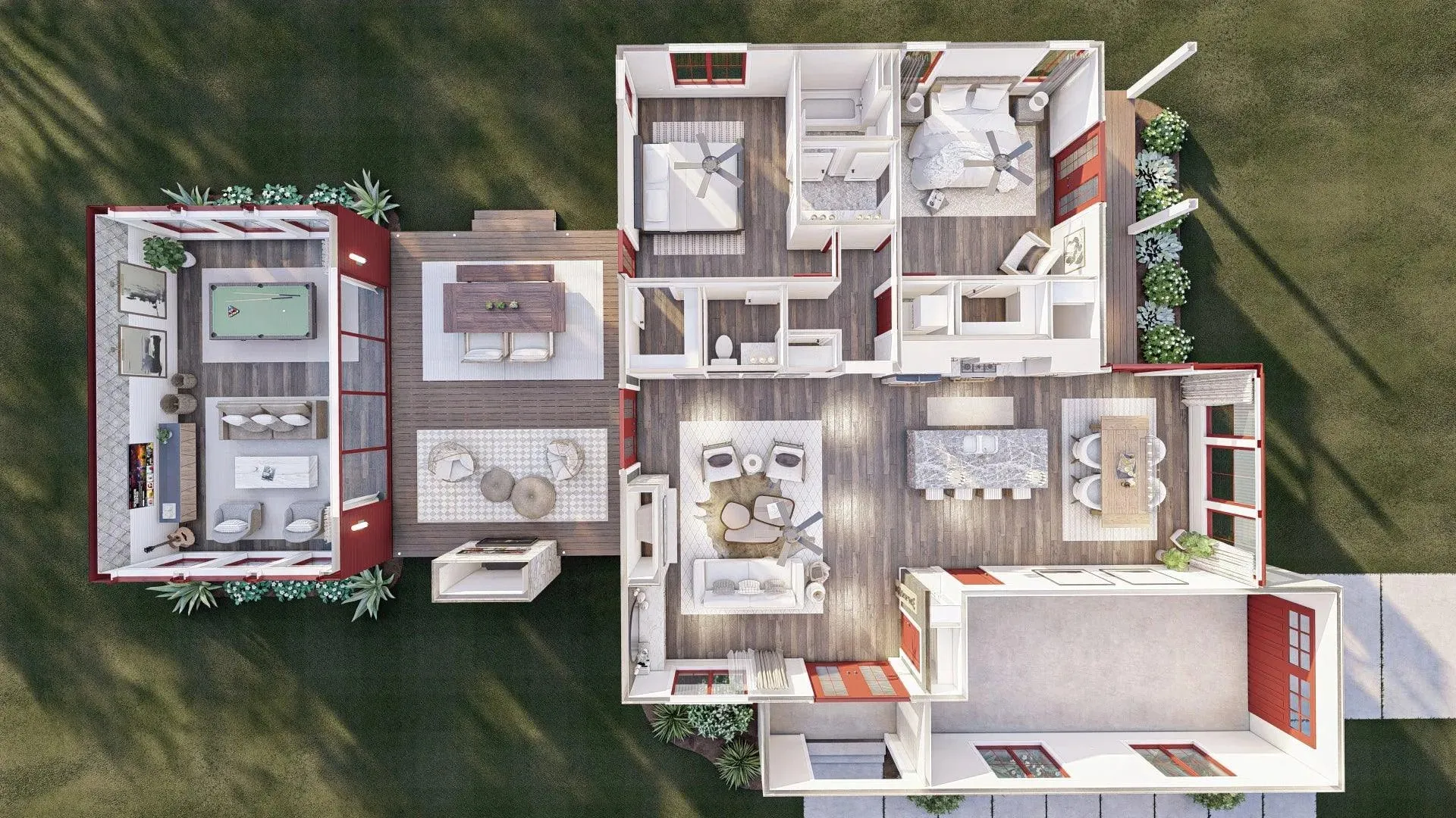 Spacious 2-Bedroom House Plan with Game Room and Outdoor Fireplace