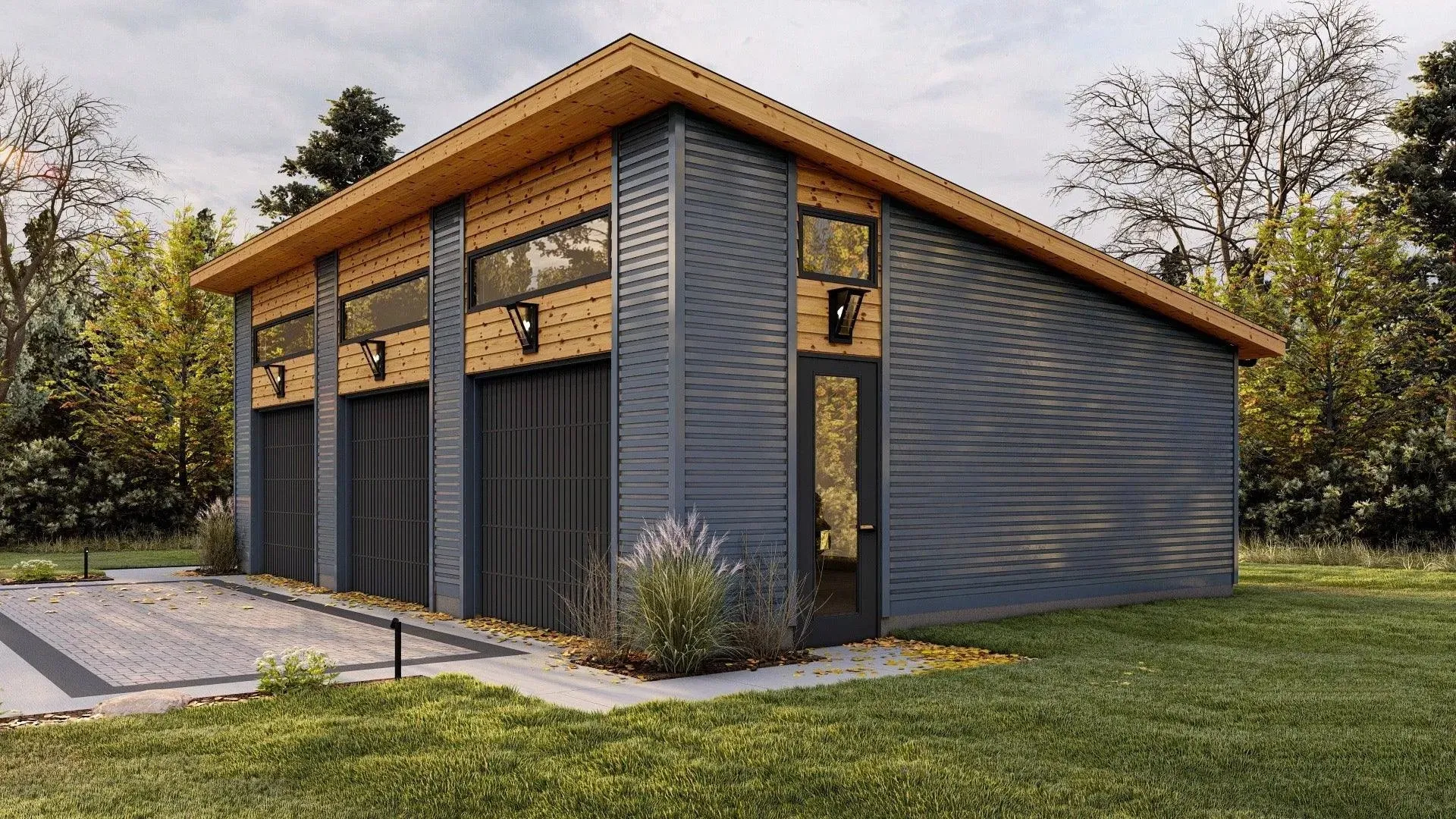 Spacious 3-Bay Garage Plan with High Ceilings and Front Load
