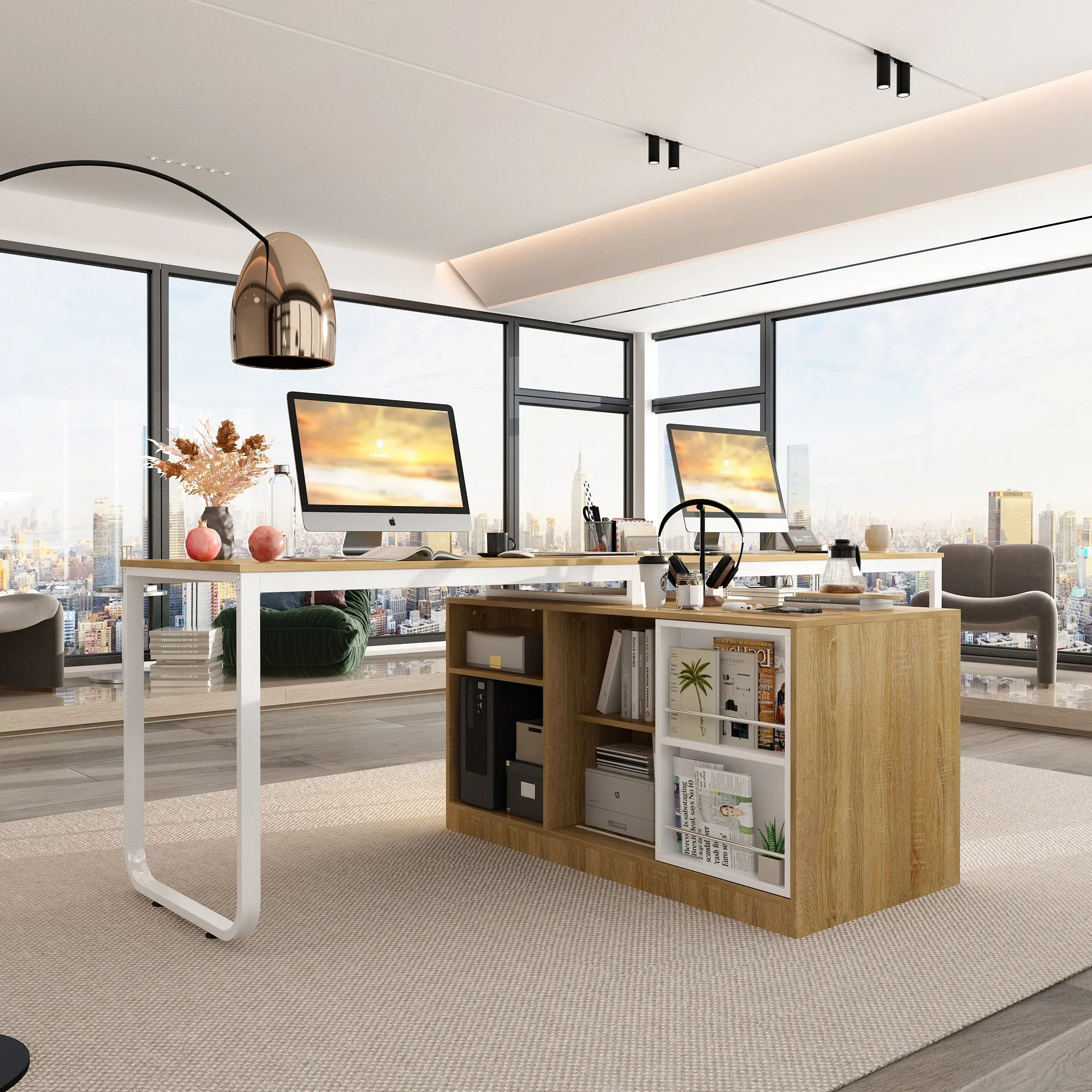 Spacious Dual-User Office Desk with Configurable Drawers or Shelving