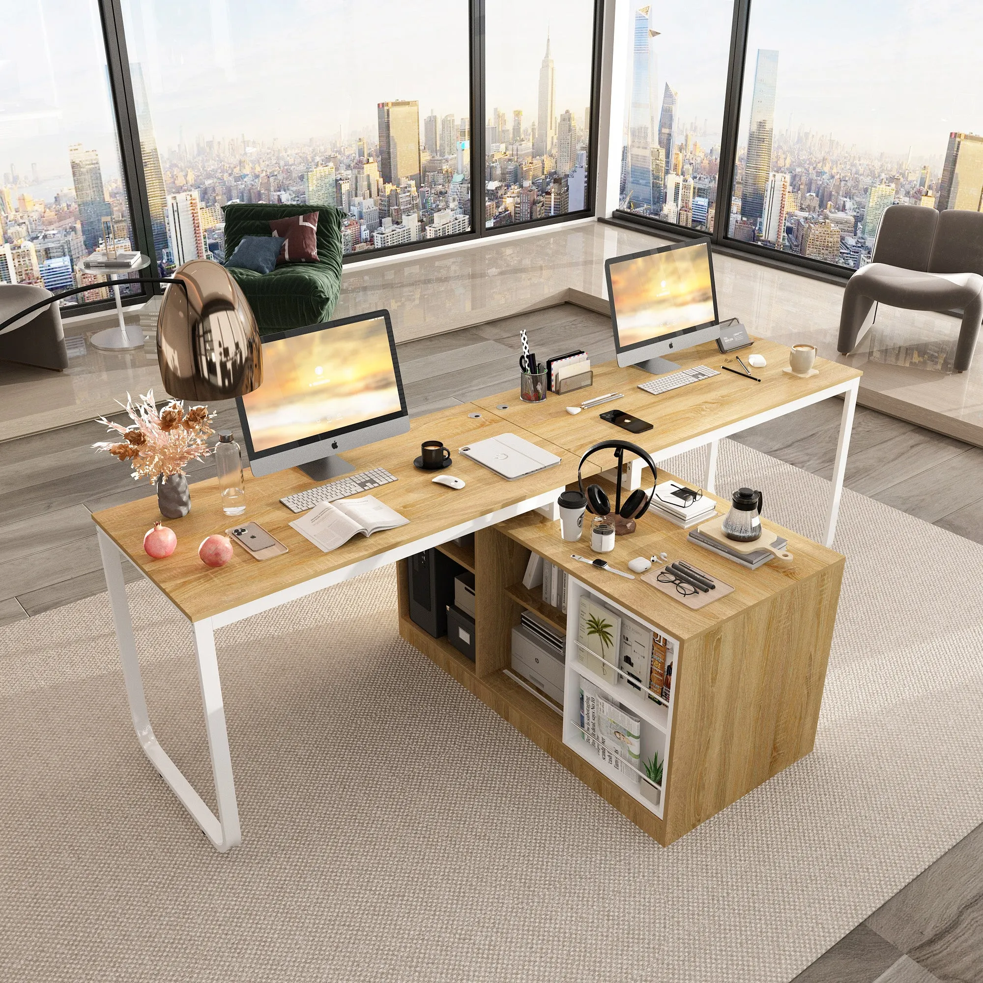 Spacious Dual-User Office Desk with Configurable Drawers or Shelving