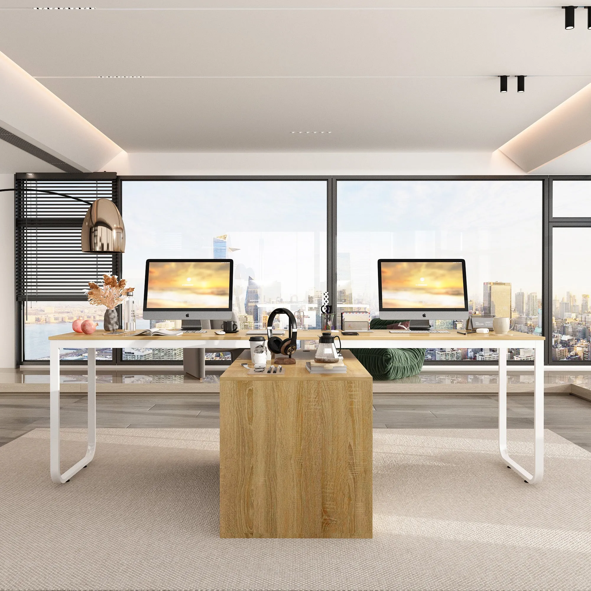 Spacious Dual-User Office Desk with Configurable Drawers or Shelving