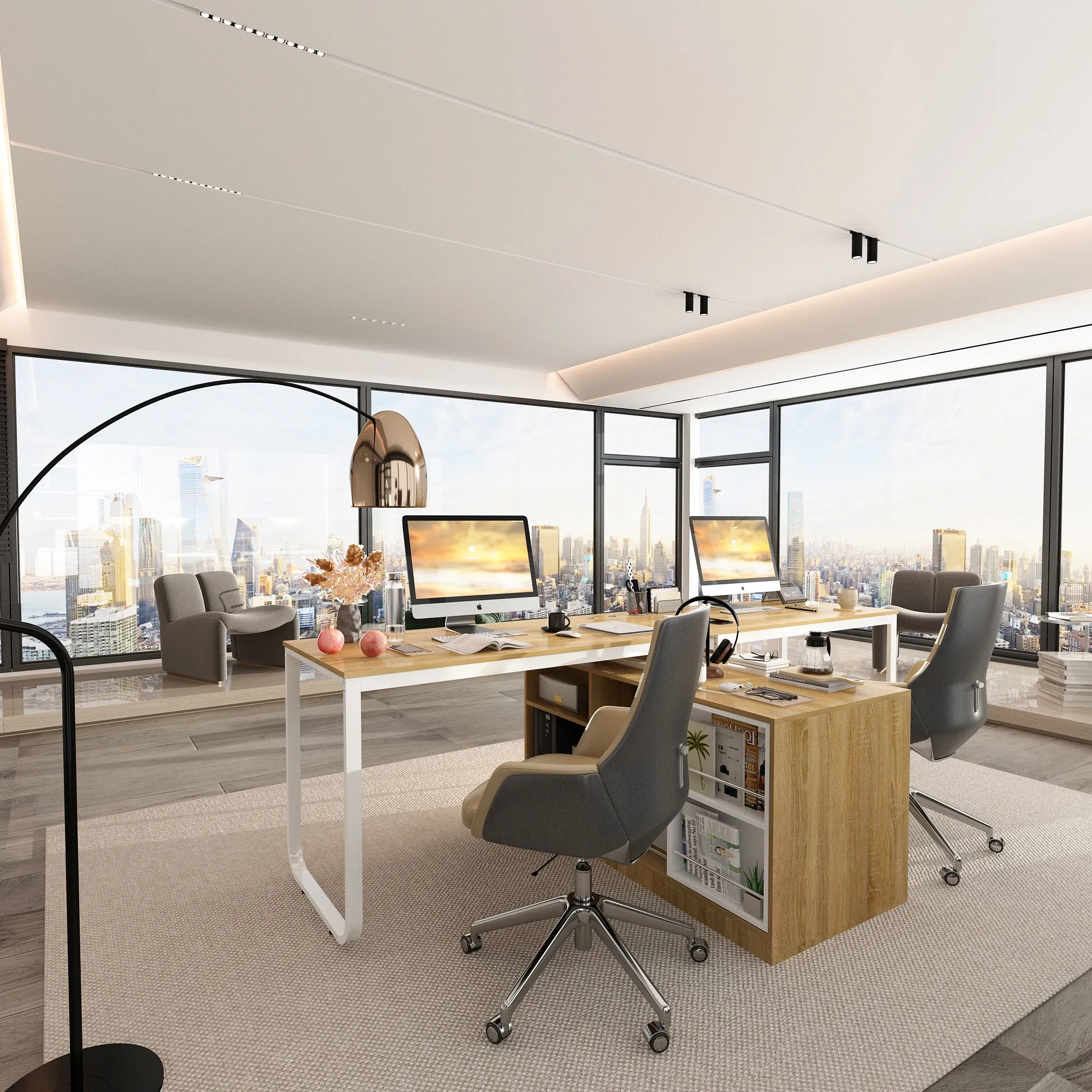 Spacious Dual-User Office Desk with Configurable Drawers or Shelving