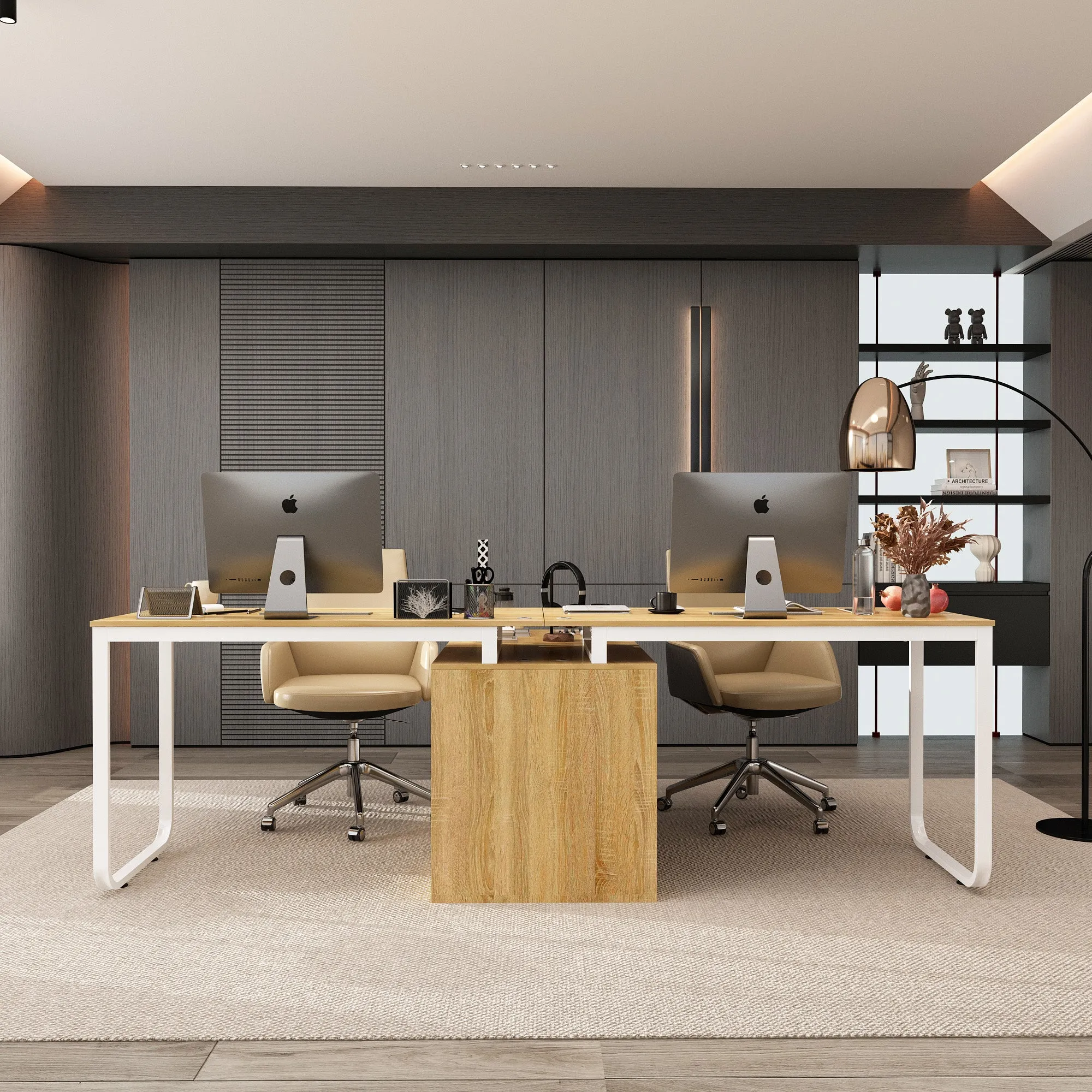 Spacious Dual-User Office Desk with Configurable Drawers or Shelving