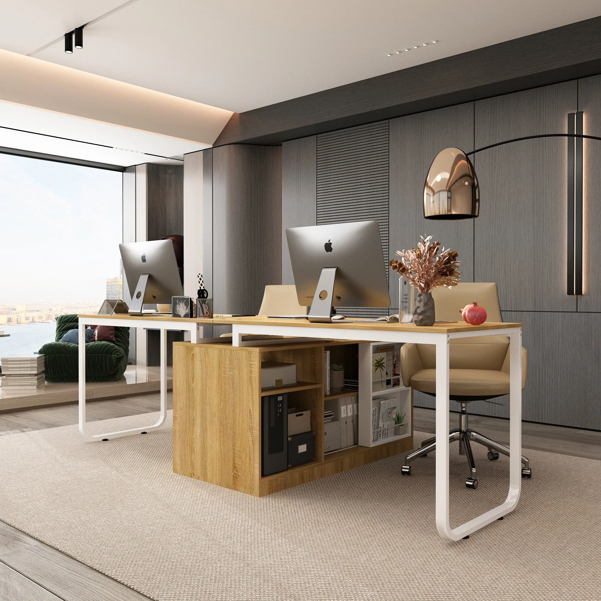 Spacious Dual-User Office Desk with Configurable Drawers or Shelving