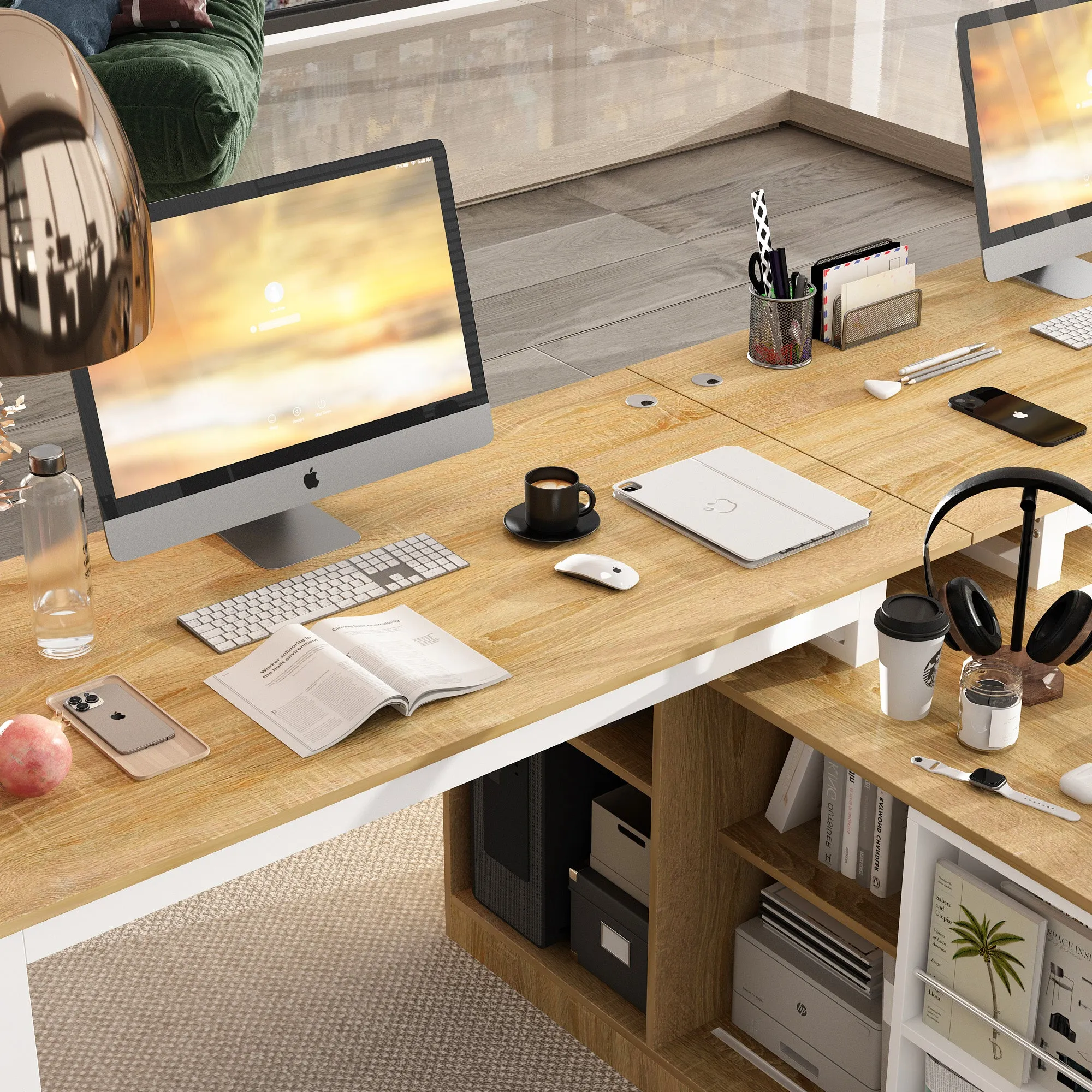Spacious Dual-User Office Desk with Configurable Drawers or Shelving