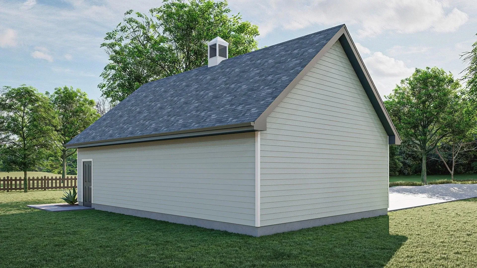 Spacious three-bay garage with slab foundation and 10:12 roof.
