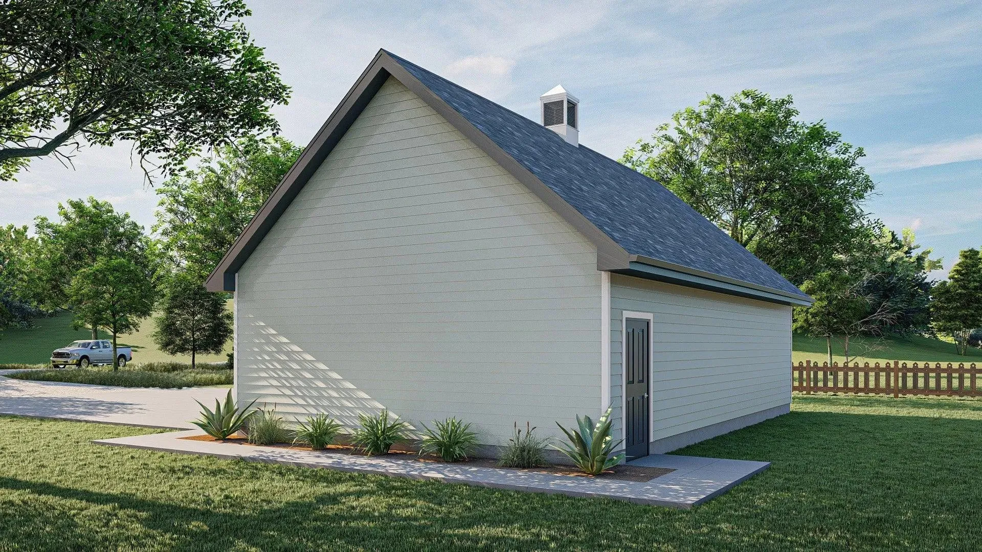 Spacious three-bay garage with slab foundation and 10:12 roof.