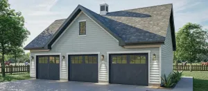 Spacious three-bay garage with slab foundation and 10:12 roof.
