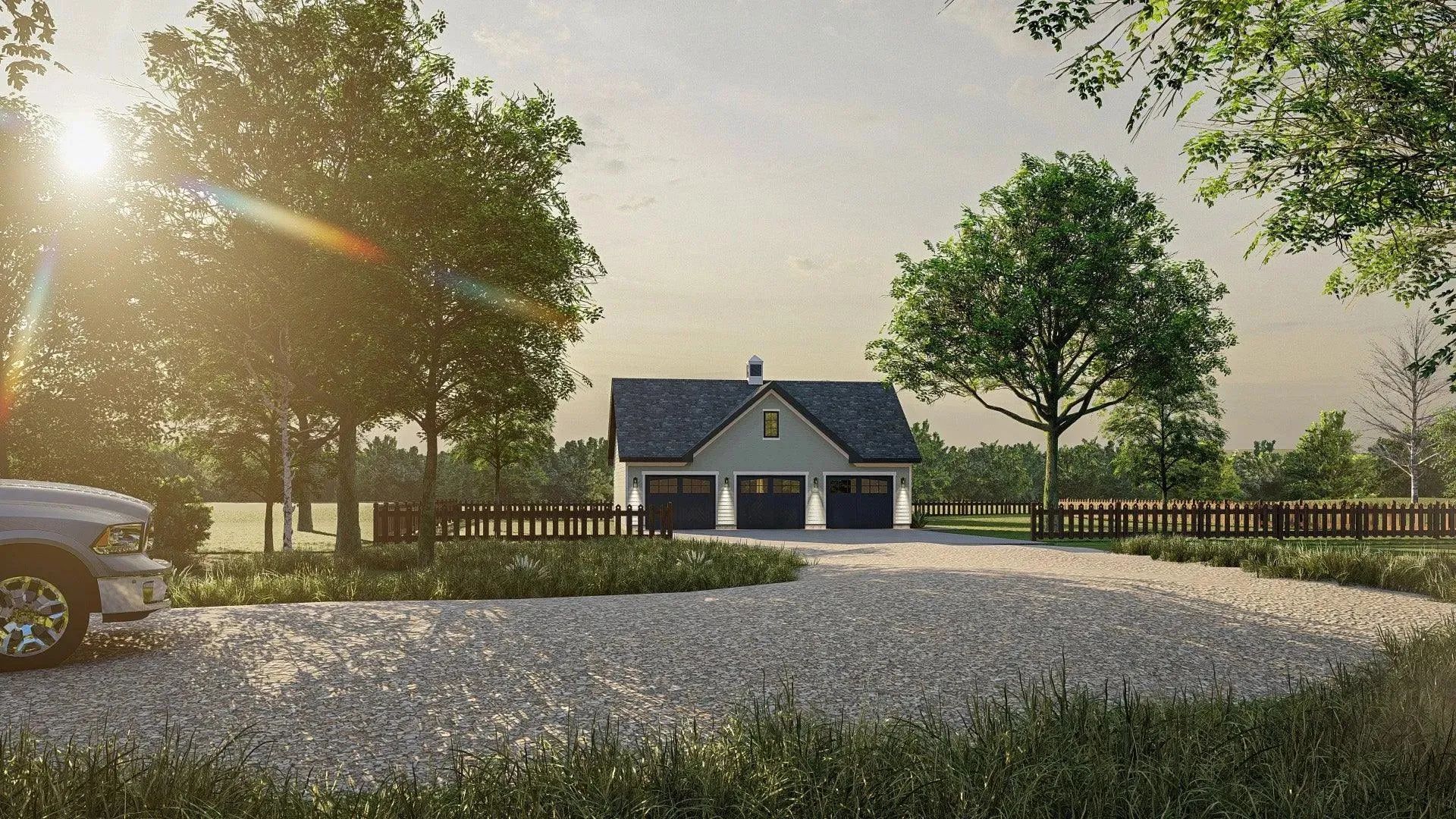 Spacious three-bay garage with slab foundation and 10:12 roof.