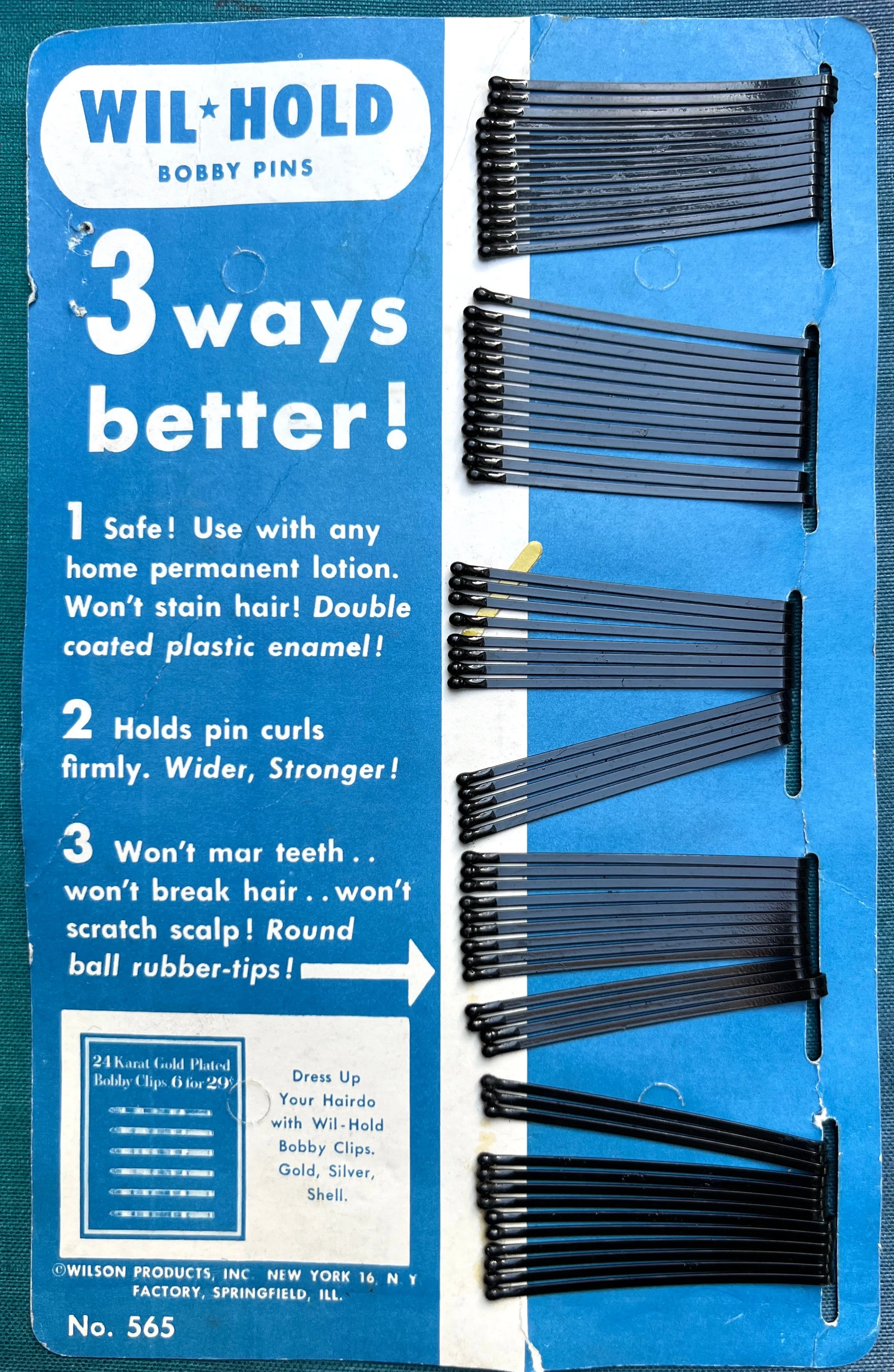 Substantial card of 65 Hair pins for Pin-Curl Permanents & Everyday Use