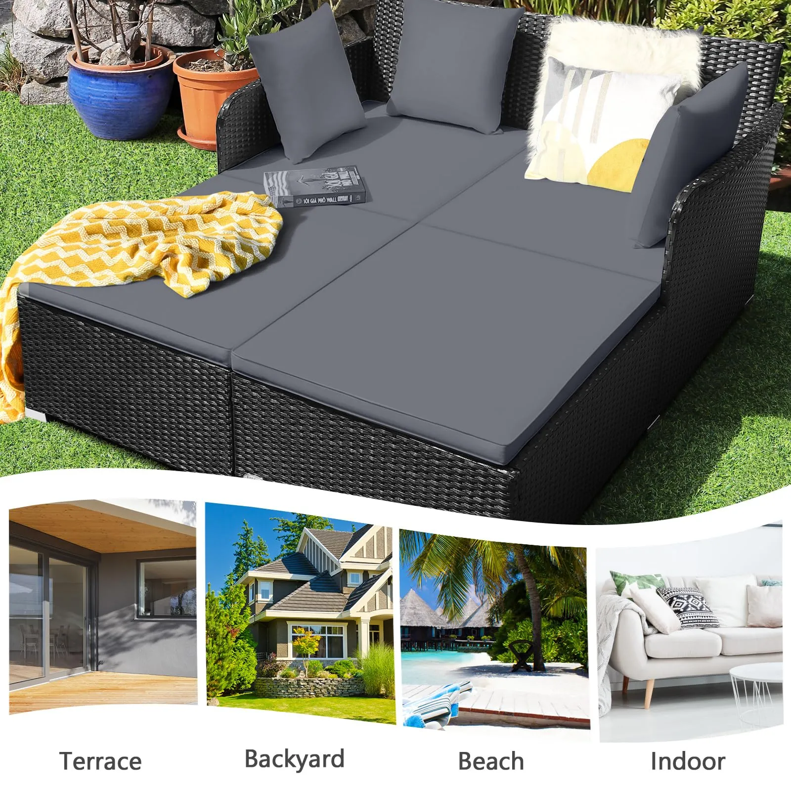 Tangkula Patio Rattan Daybed, Patiojoy Outdoor Sunbed with Spacious Seat (Grey)