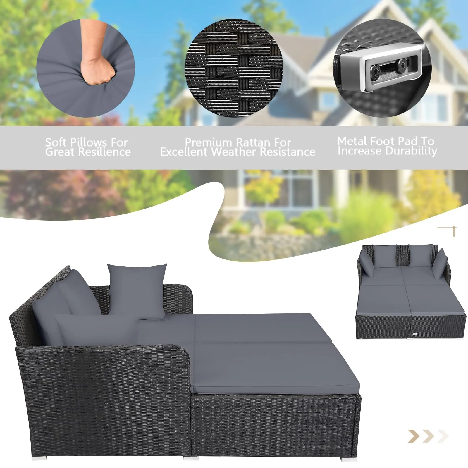 Tangkula Patio Rattan Daybed, Patiojoy Outdoor Sunbed with Spacious Seat (Grey)