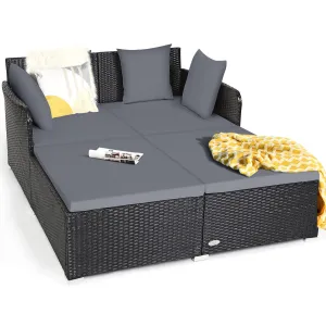 Tangkula Patio Rattan Daybed, Patiojoy Outdoor Sunbed with Spacious Seat (Grey)