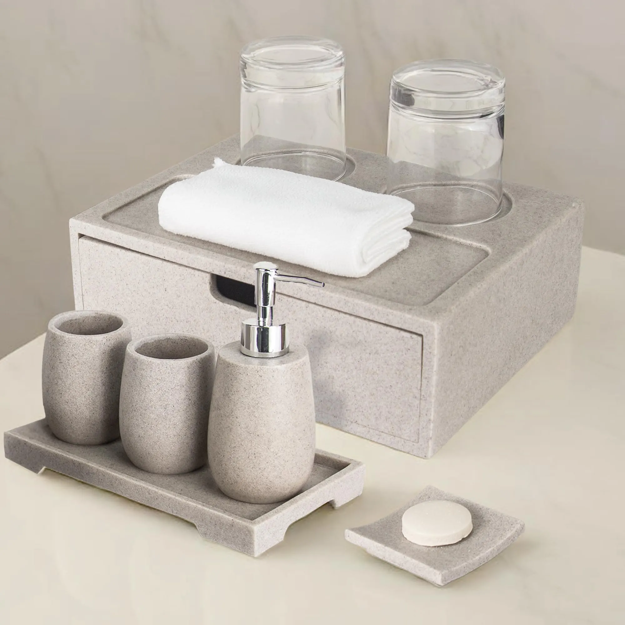 The Better Home Bathroom Accessories Set (6Pcs-Khaki) Soap Dispenser for Bathroom | Liquid Soap Dispenser | Handwash Bottle | Soap Dispenser for Wash Basin | Smooth Finishing | Soap Case for Bathroom