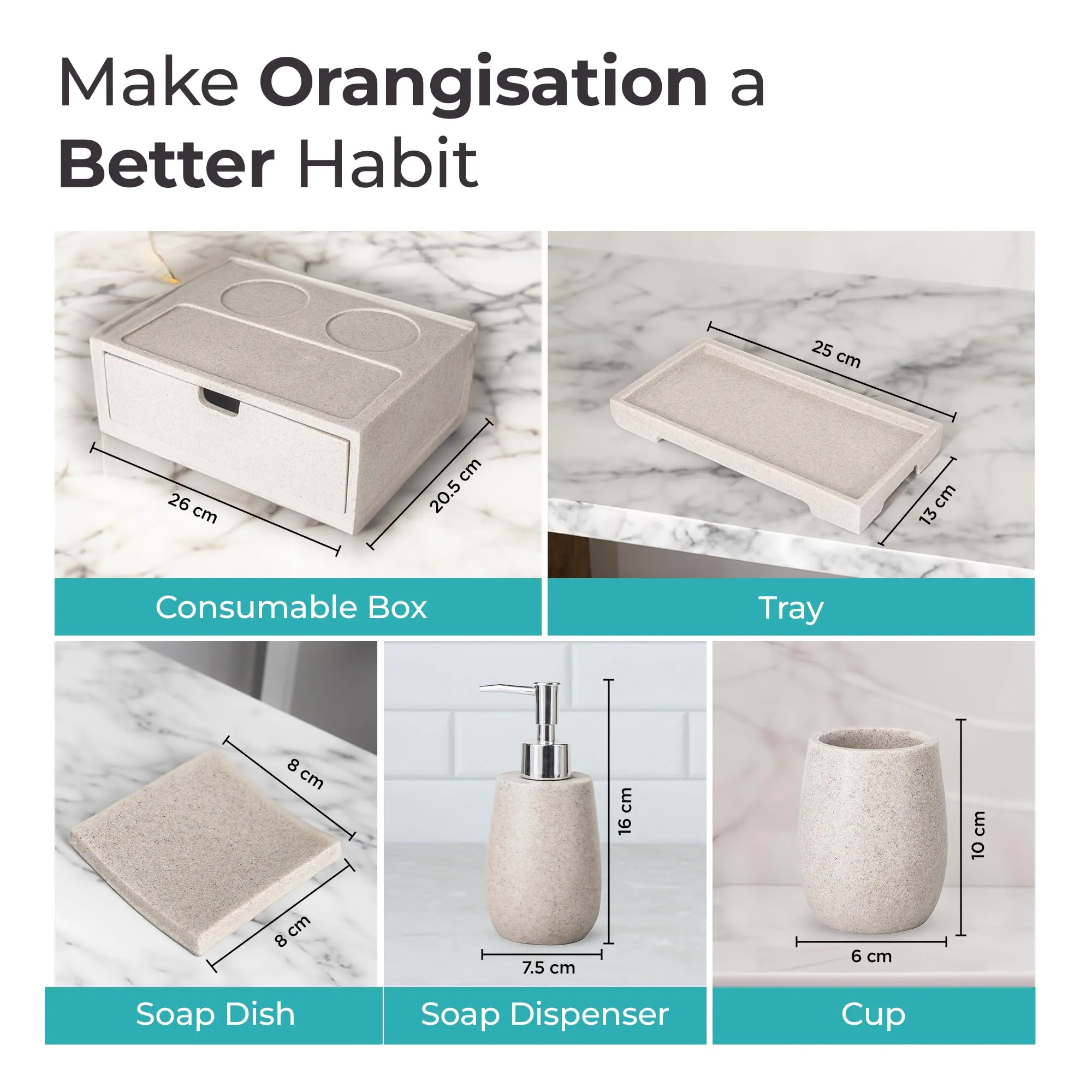 The Better Home Bathroom Accessories Set (6Pcs-Khaki) Soap Dispenser for Bathroom | Liquid Soap Dispenser | Handwash Bottle | Soap Dispenser for Wash Basin | Smooth Finishing | Soap Case for Bathroom