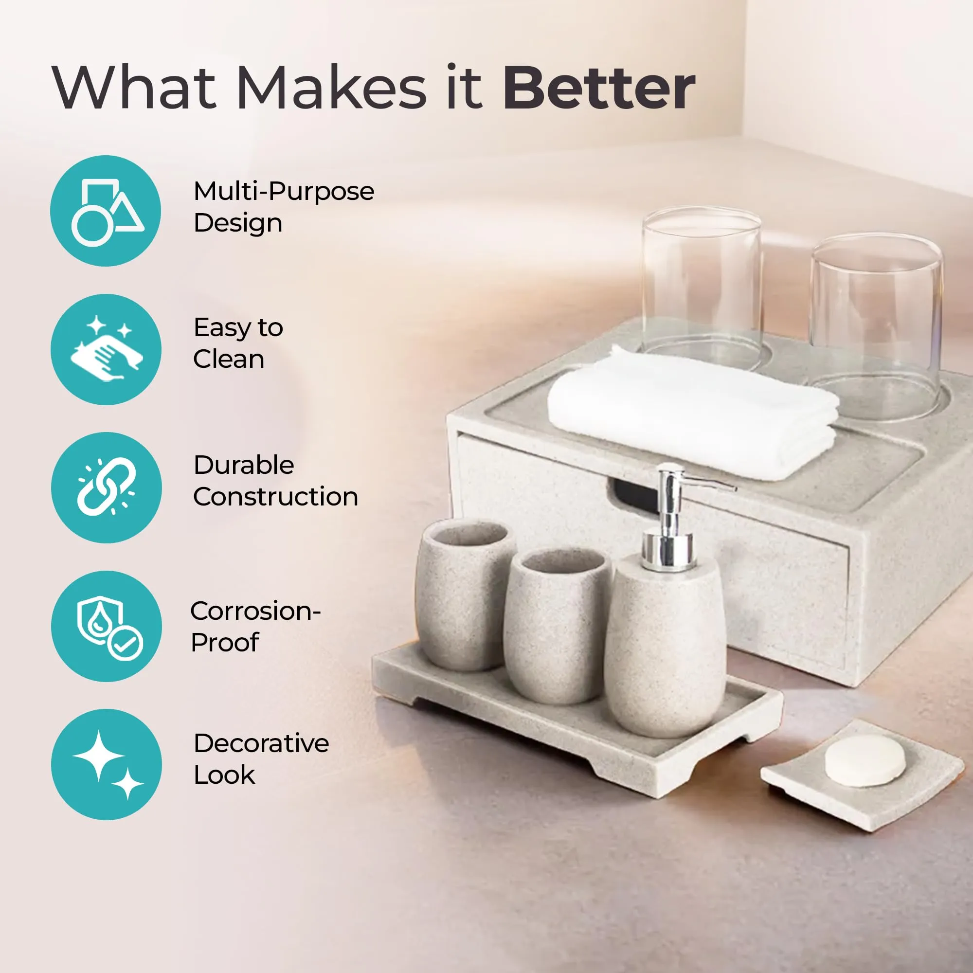 The Better Home Bathroom Accessories Set (6Pcs-Khaki) Soap Dispenser for Bathroom | Liquid Soap Dispenser | Handwash Bottle | Soap Dispenser for Wash Basin | Smooth Finishing | Soap Case for Bathroom