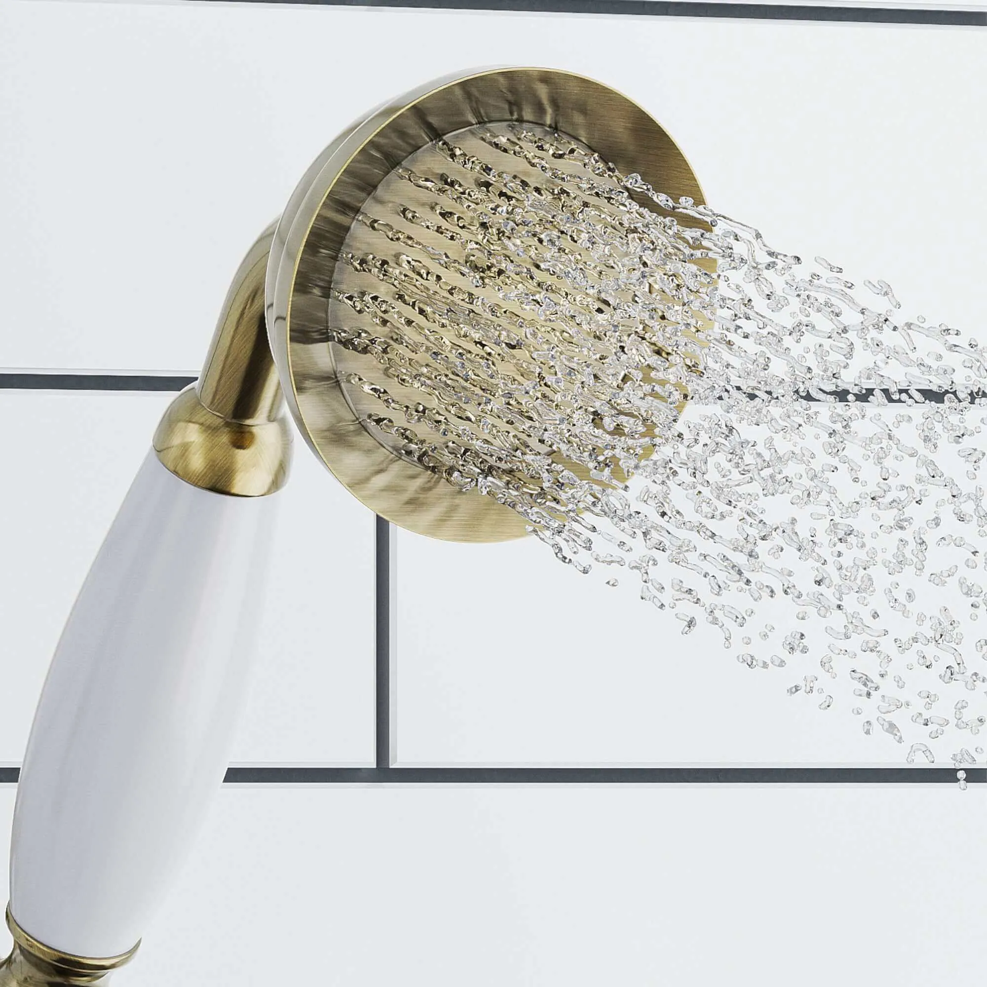 Traditional Brass & White Ceramic Hand Shower Kit Incl. Hose And Wall Bracket With Outlet - Antique Brass