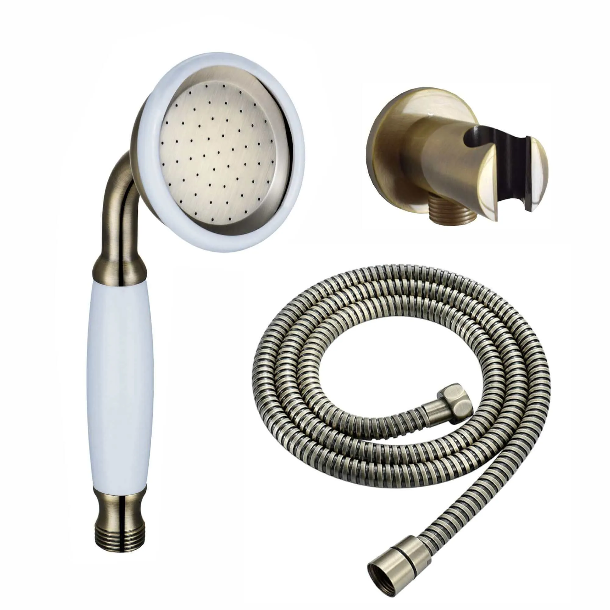 Traditional Brass & White Ceramic Hand Shower Kit Incl. Hose And Wall Bracket With Outlet - Antique Brass