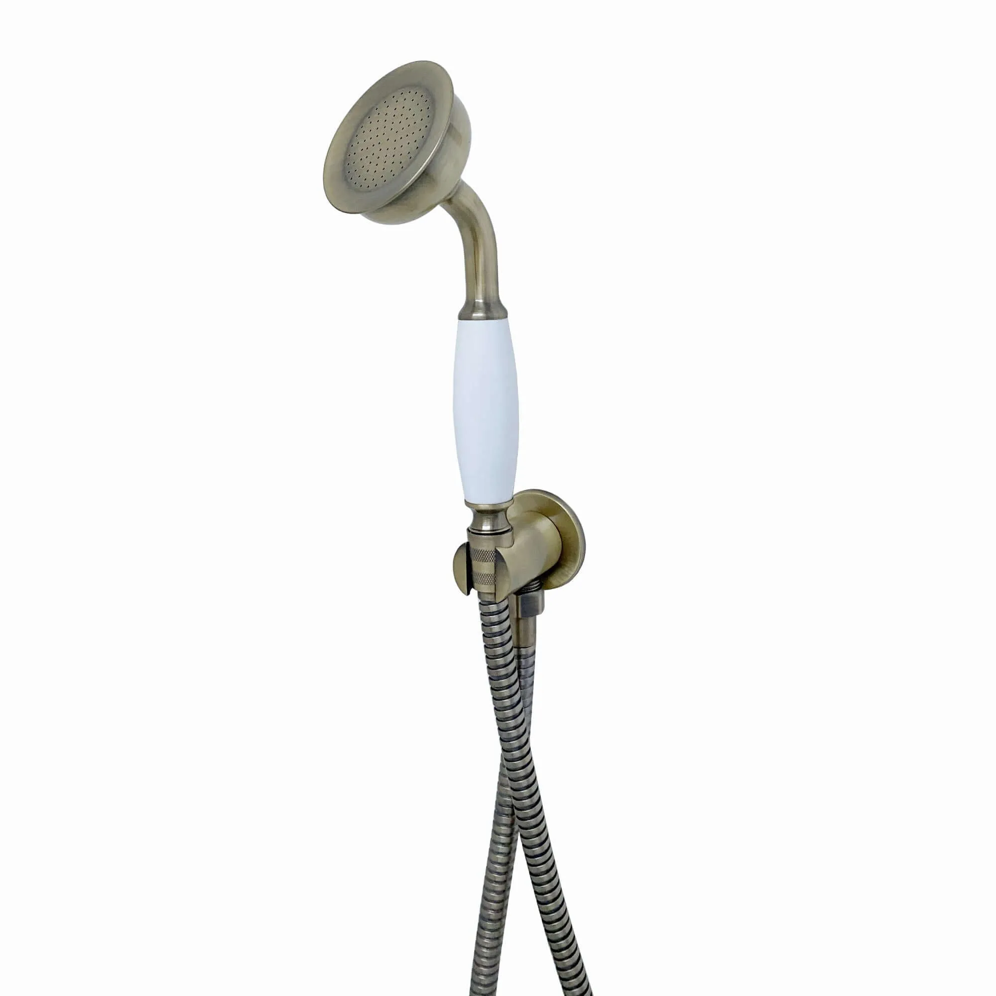 Traditional Brass & White Ceramic Hand Shower Kit Incl. Hose And Wall Bracket With Outlet - Antique Brass
