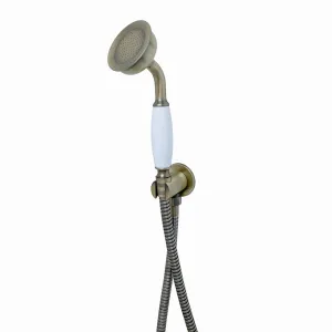 Traditional Brass & White Ceramic Hand Shower Kit Incl. Hose And Wall Bracket With Outlet - Antique Brass