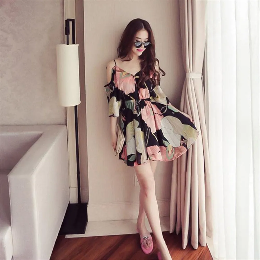 VenusFox Women Summer Boho Cold Shoulder Sleeveless V-Neck Floral Print Dress