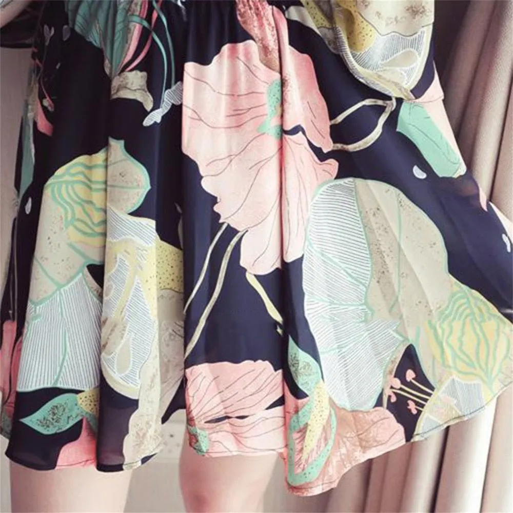 VenusFox Women Summer Boho Cold Shoulder Sleeveless V-Neck Floral Print Dress