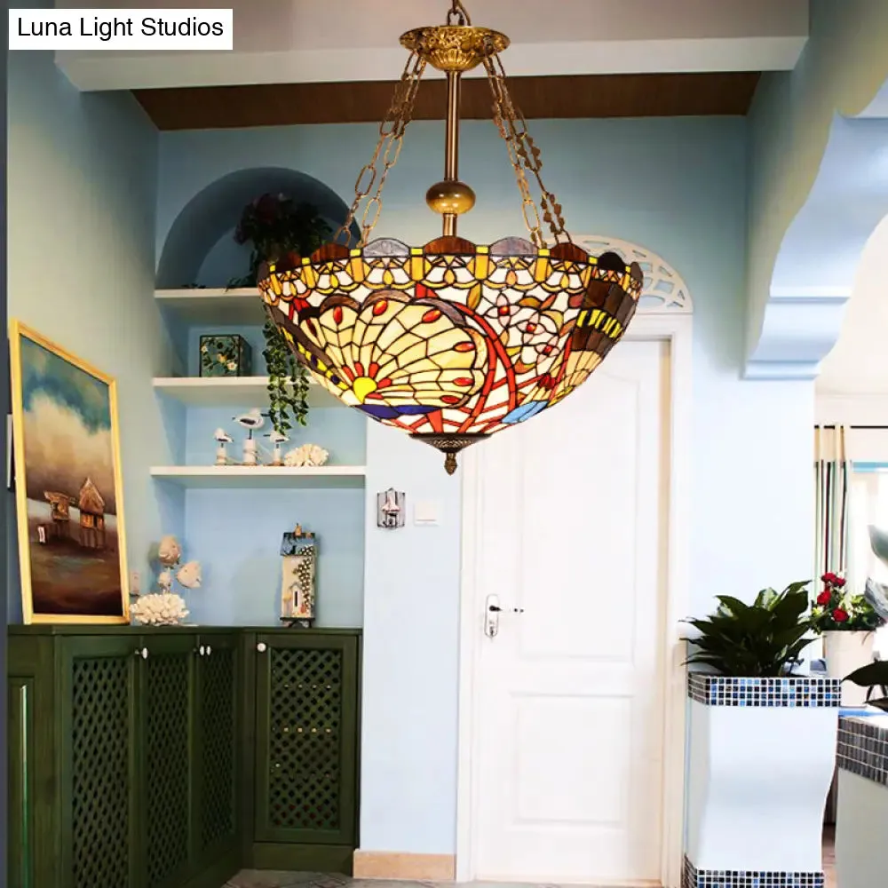 Victorian Stained Glass Bowl Chandelier with 3 Bulbs - Multi Color Pendant Light