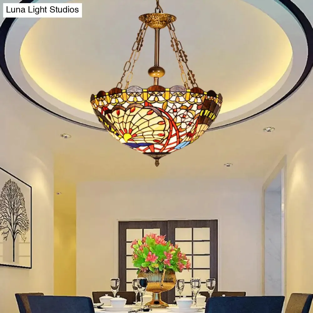 Victorian Stained Glass Bowl Chandelier with 3 Bulbs - Multi Color Pendant Light