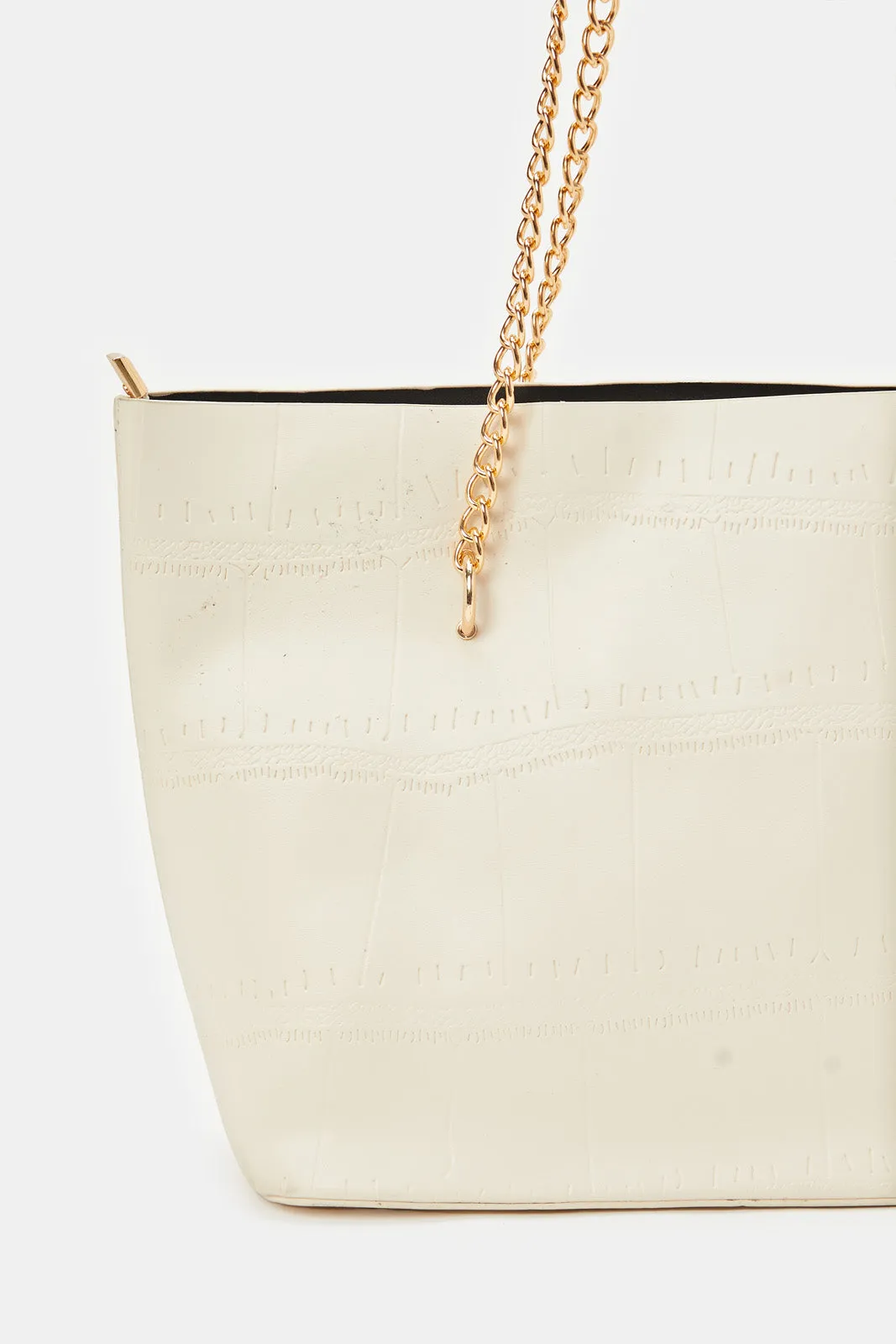 Women Beige Tote Bag With Chain Handles
