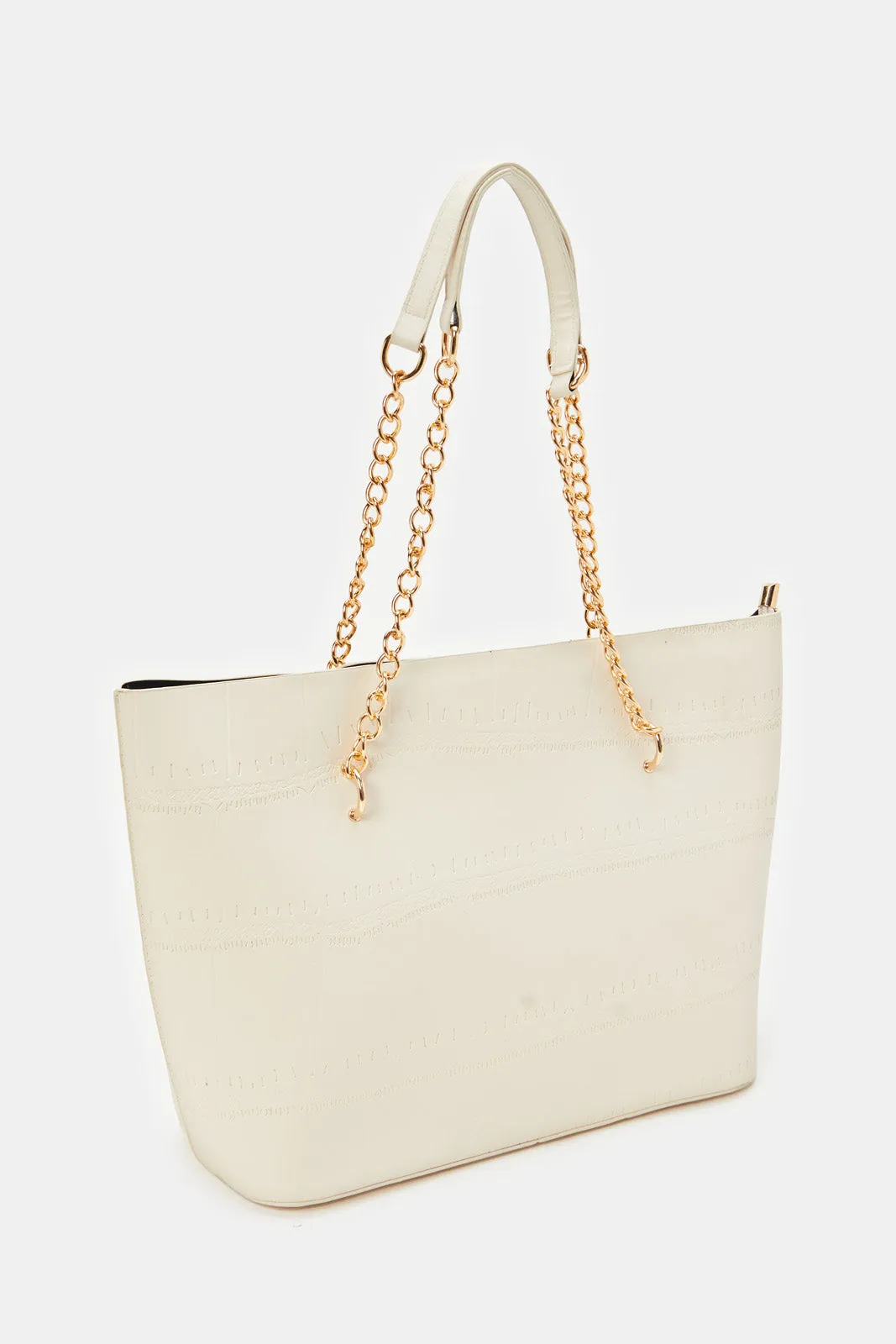 Women Beige Tote Bag With Chain Handles