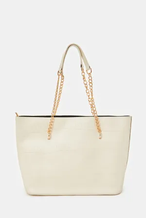 Women Beige Tote Bag With Chain Handles
