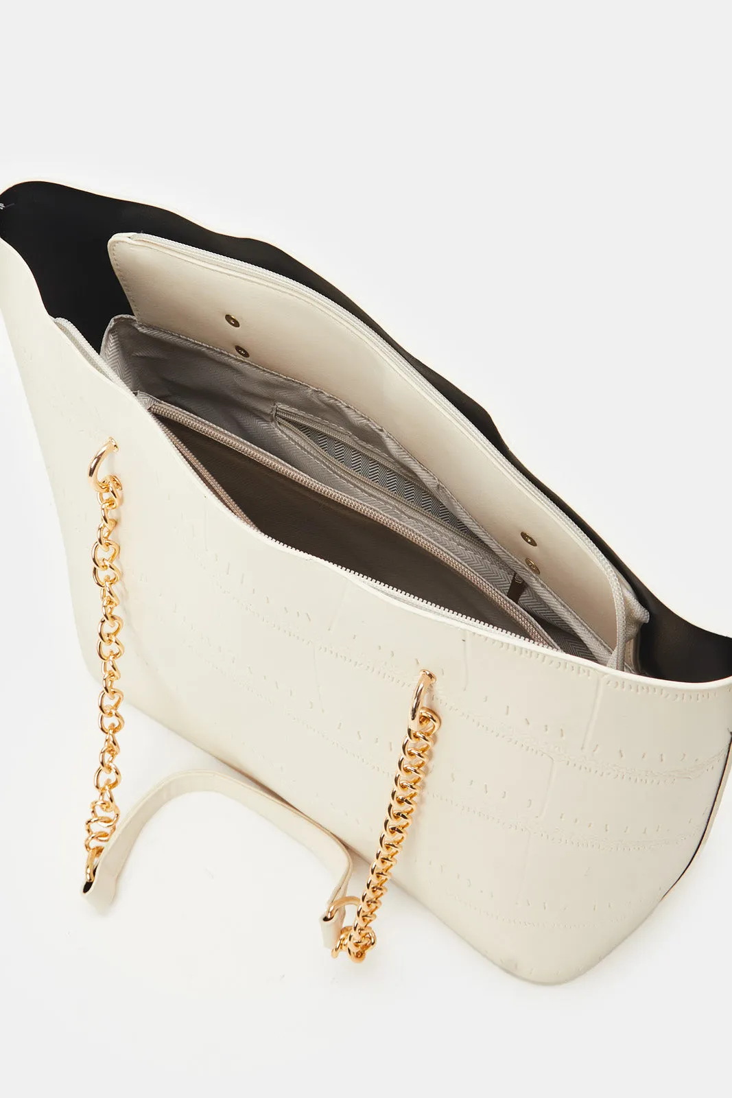 Women Beige Tote Bag With Chain Handles