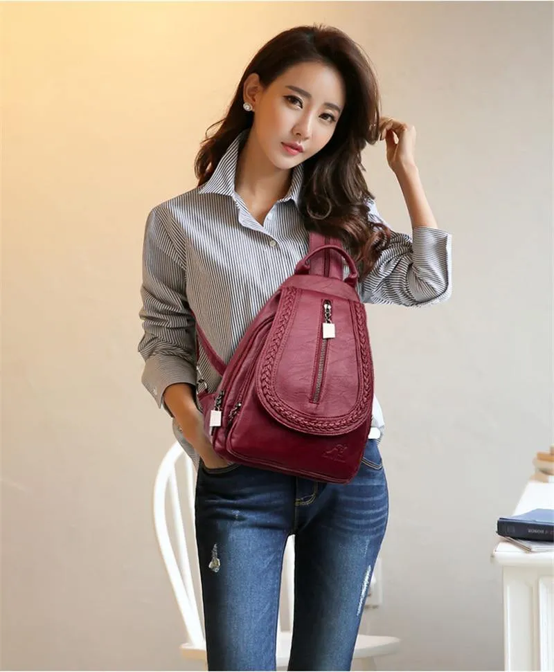 Women Genuine Leather Backpacks Zipper Chest Bag Travel Back Pack School Bags For Teenage Girls