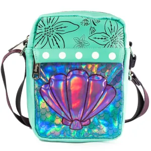 Women's Crossbody Wallet - The Little Mermaid Iridescent Shell Floral Embossing Aqua Blues Purples