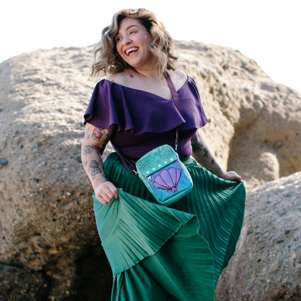 Women's Crossbody Wallet - The Little Mermaid Iridescent Shell Floral Embossing Aqua Blues Purples
